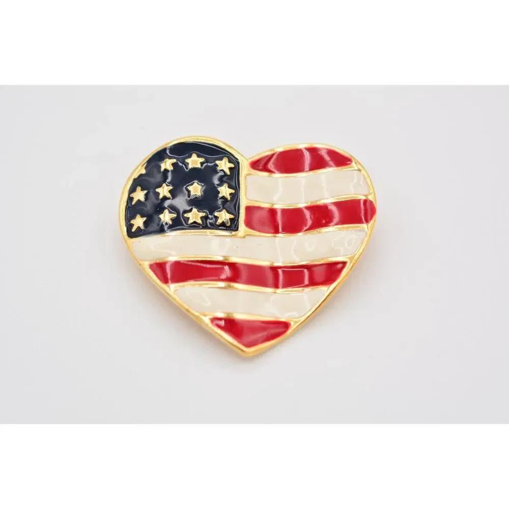 Vintage USA Heart Flag Pin Brooch American Red White Blue Gold Tone 1990s BinAT